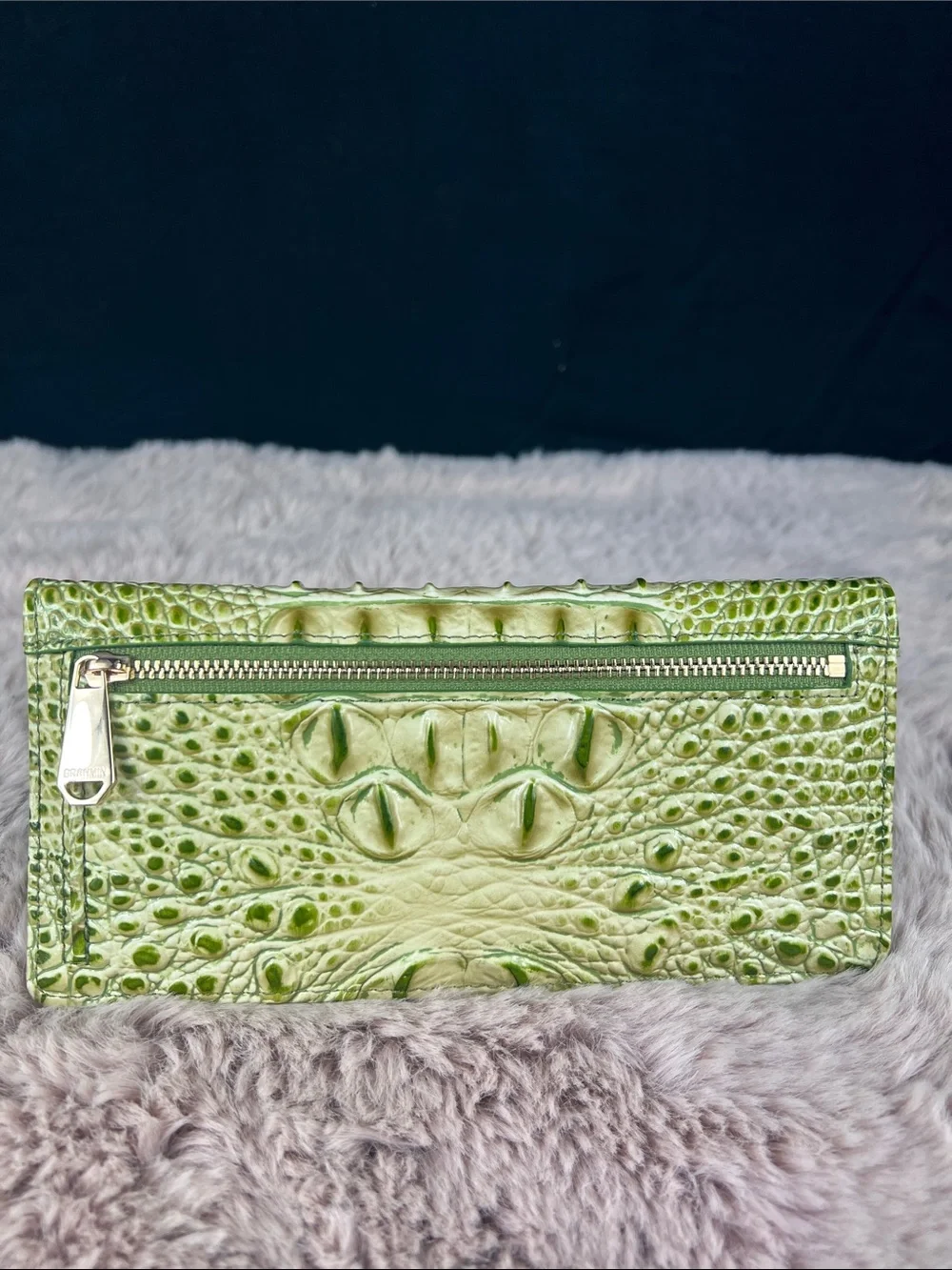 Brahmin Green & Cream Melbourne Croc-Embossed Leather Wallet EUC